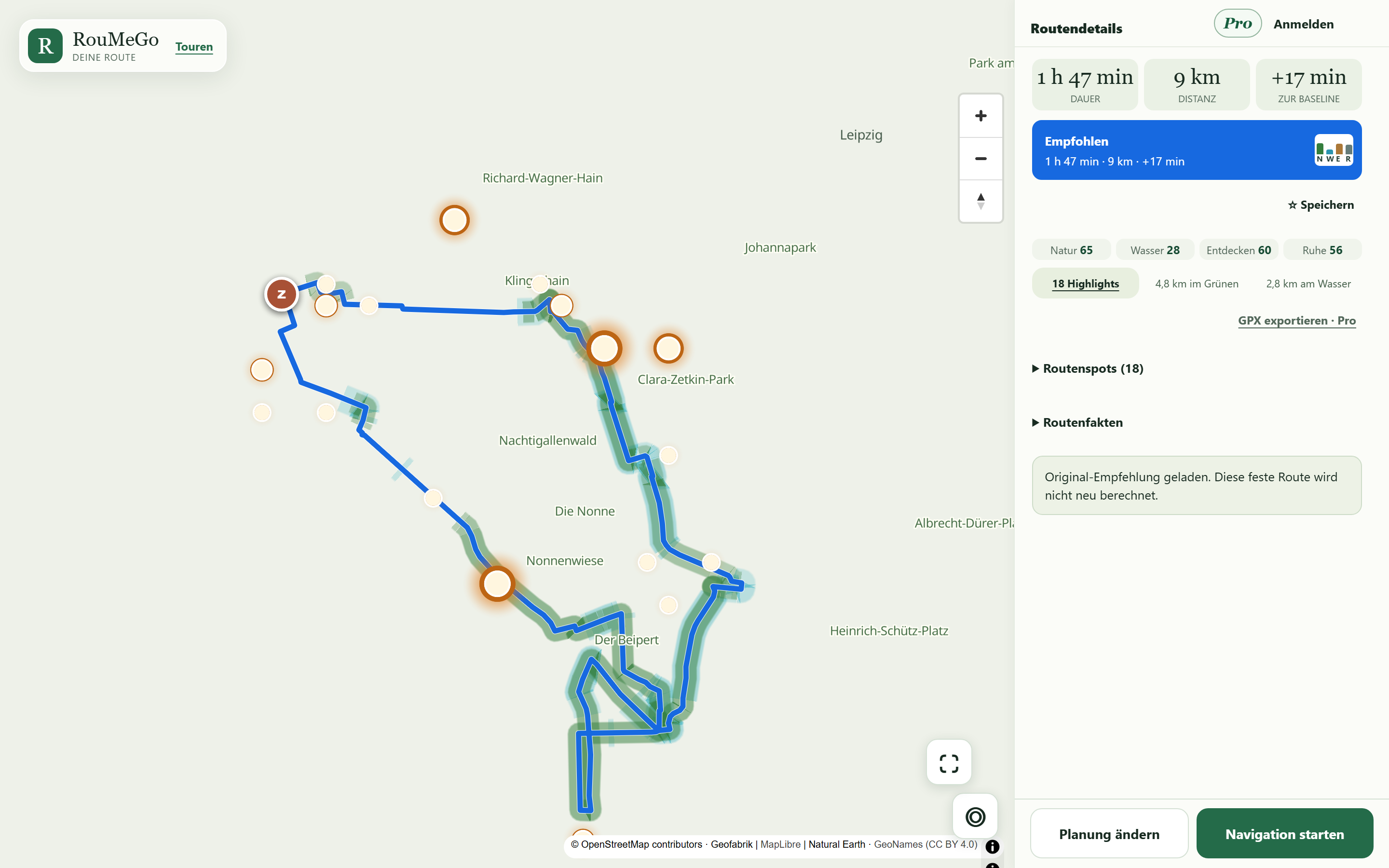 RouMeGo-Routenplaner mit Karte, geplanter Route und den Werten Natur, Wasser, Entdecken und Ruhe
